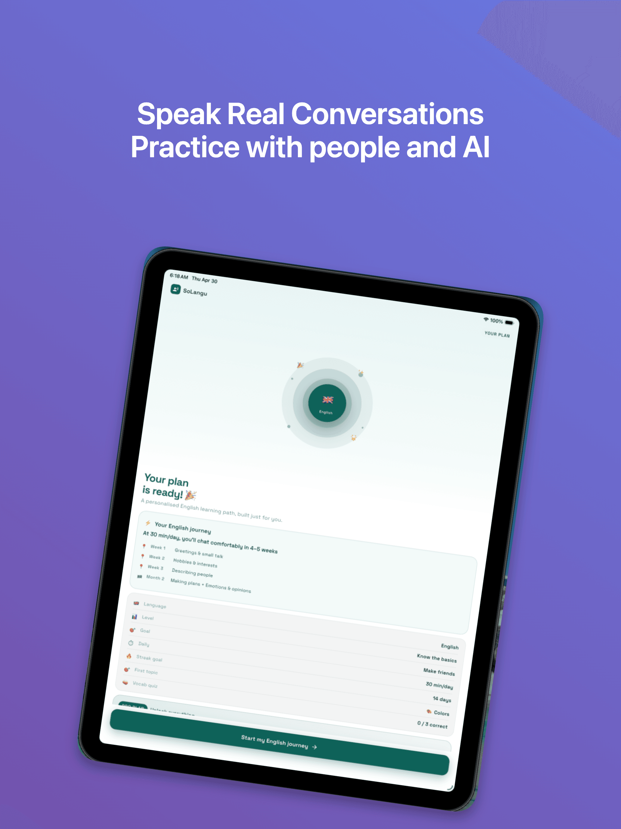 AI-generated iPad App Store screenshot for SoLangu — home dashboard with study plan and streak