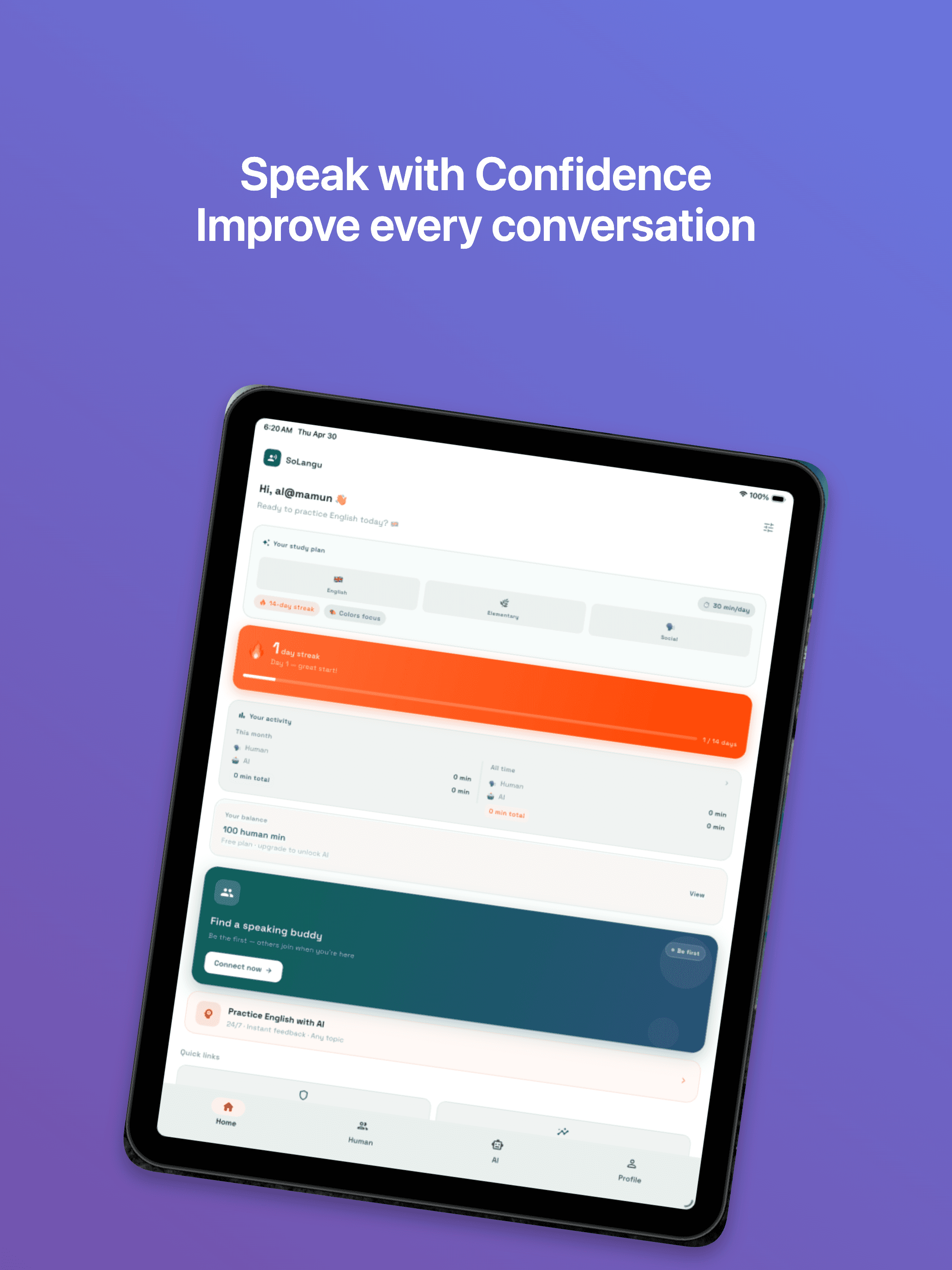 AI-generated iPad App Store screenshot for SoLangu — 'Speak with Confidence' feature highlight