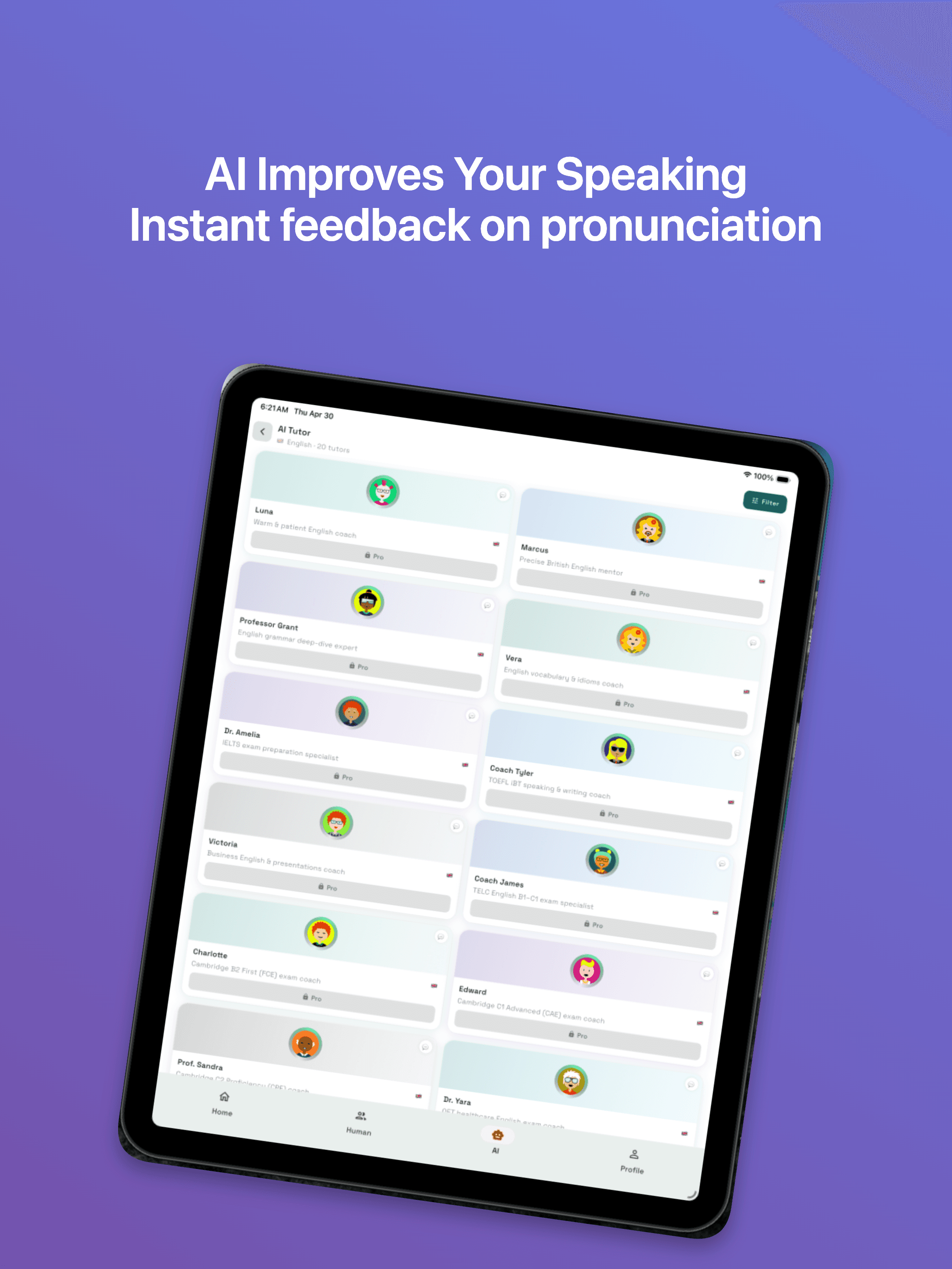 AI-generated iPad App Store screenshot for SoLangu — AI tutor selection screen